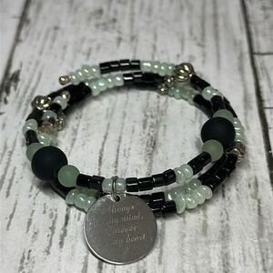 Handmade beaded bracelet, Black and mint green wrap bracelet, charm bracelet wit